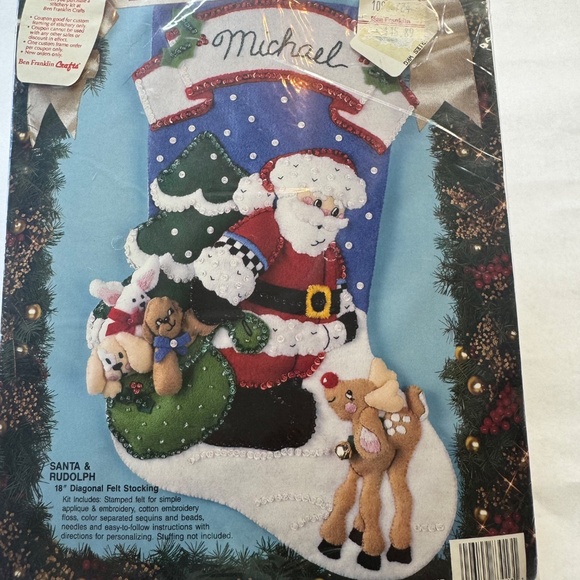 VTG Bucilla 1993 “SANTA & RUDOLPH" Felt Christmas Stocking Kit 18" 83013 NIP - Picture 4 of 10